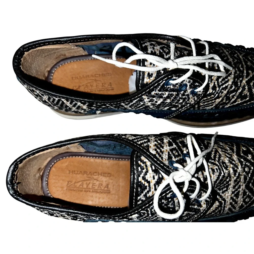 Huaraches Playera Men Navy Blue Woven Leather Geometric Lace Up Shoes Mexico